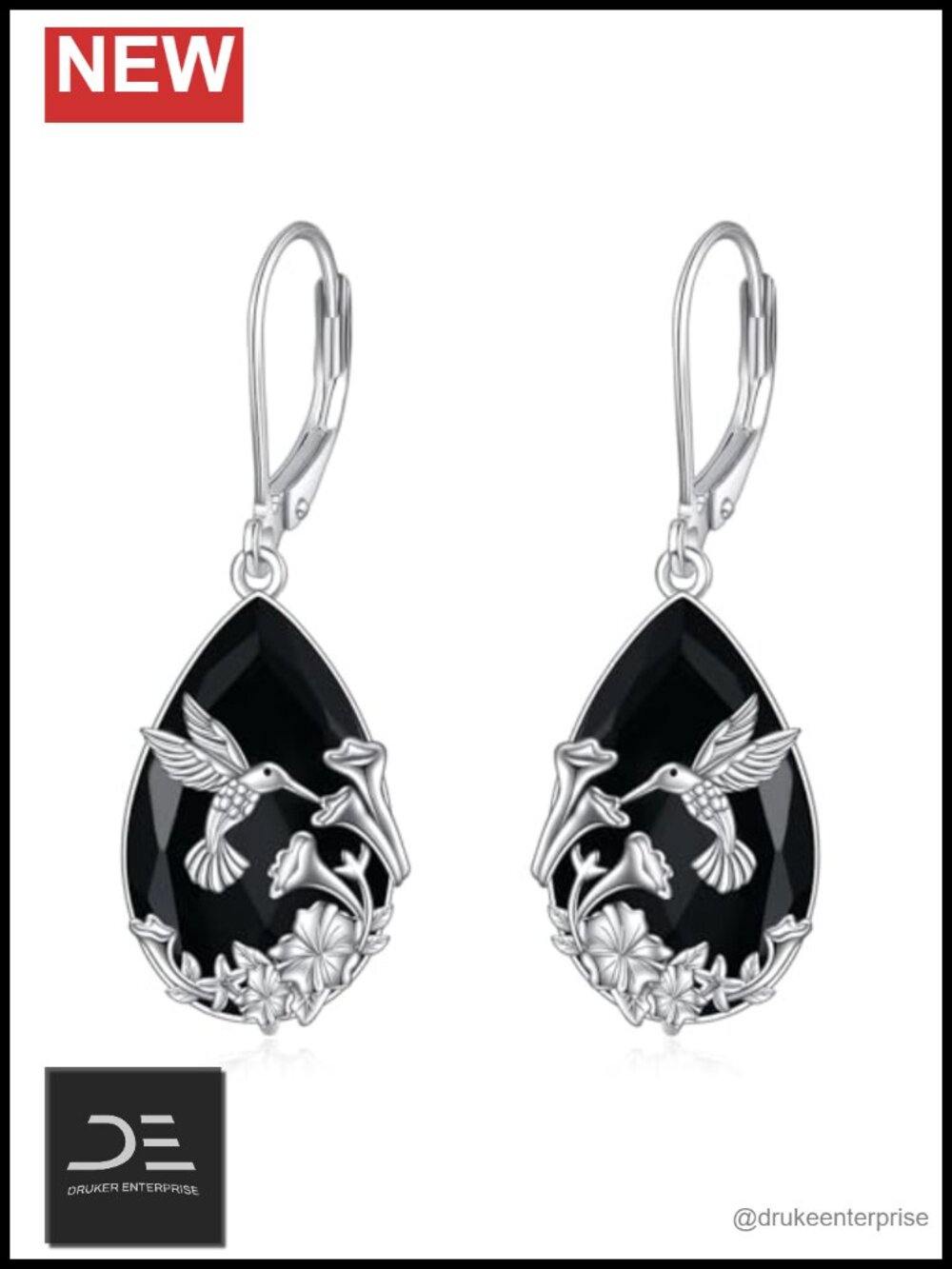 YFN Black Tourmaline Hummingbird Earrings 925 Sterling Silver Drop Dangle
